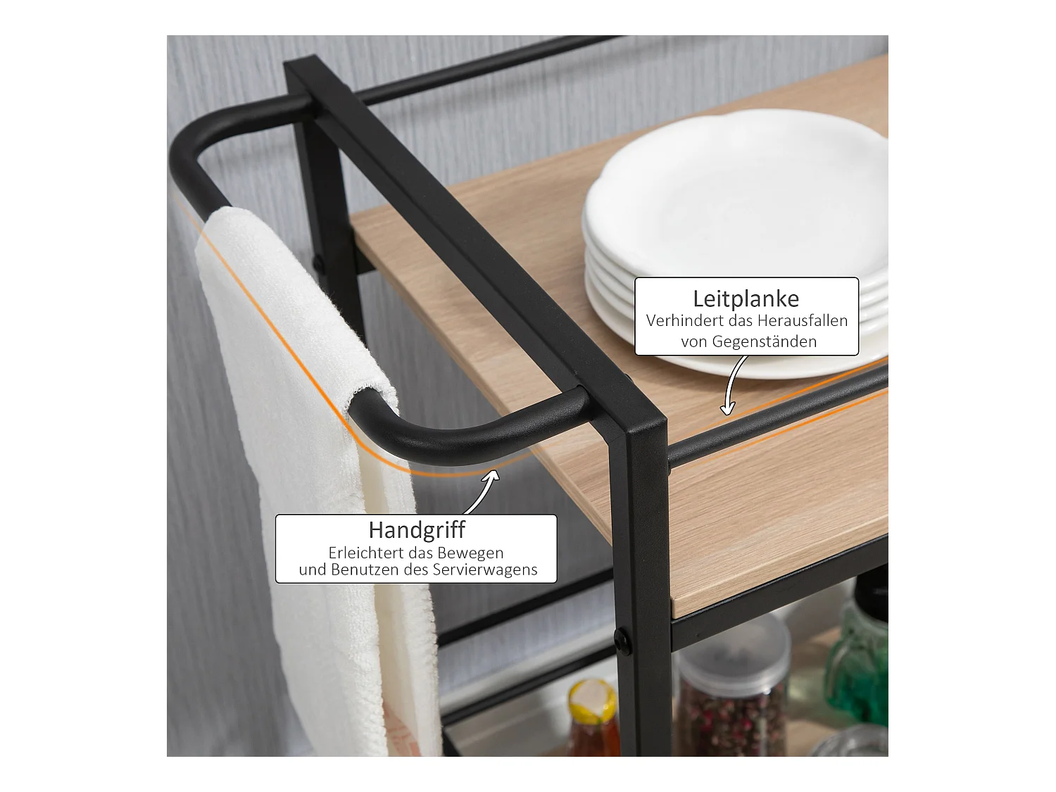 Desserte de cuisine 2 niveaux, roulettes avec freins, acier et bois naturel, protection latérale, charge 60kg (82x40x75cm)