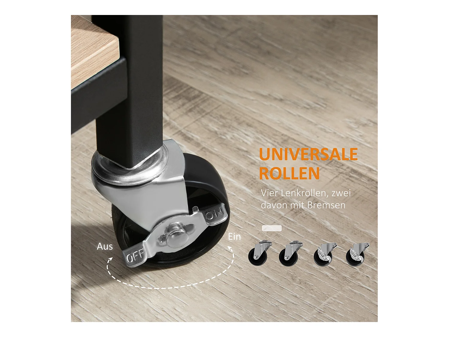 Desserte de cuisine 2 niveaux, roulettes avec freins, acier et bois naturel, protection latérale, charge 60kg (82x40x75cm)