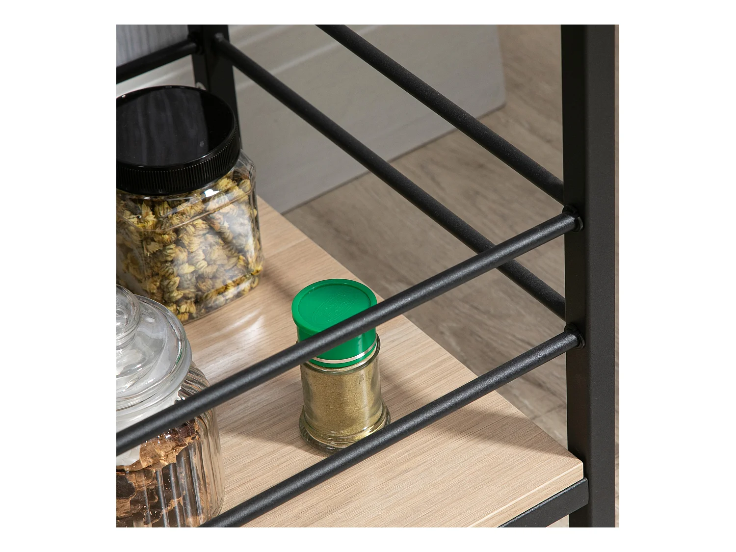 Desserte de cuisine 2 niveaux, roulettes avec freins, acier et bois naturel, protection latérale, charge 60kg (82x40x75cm)