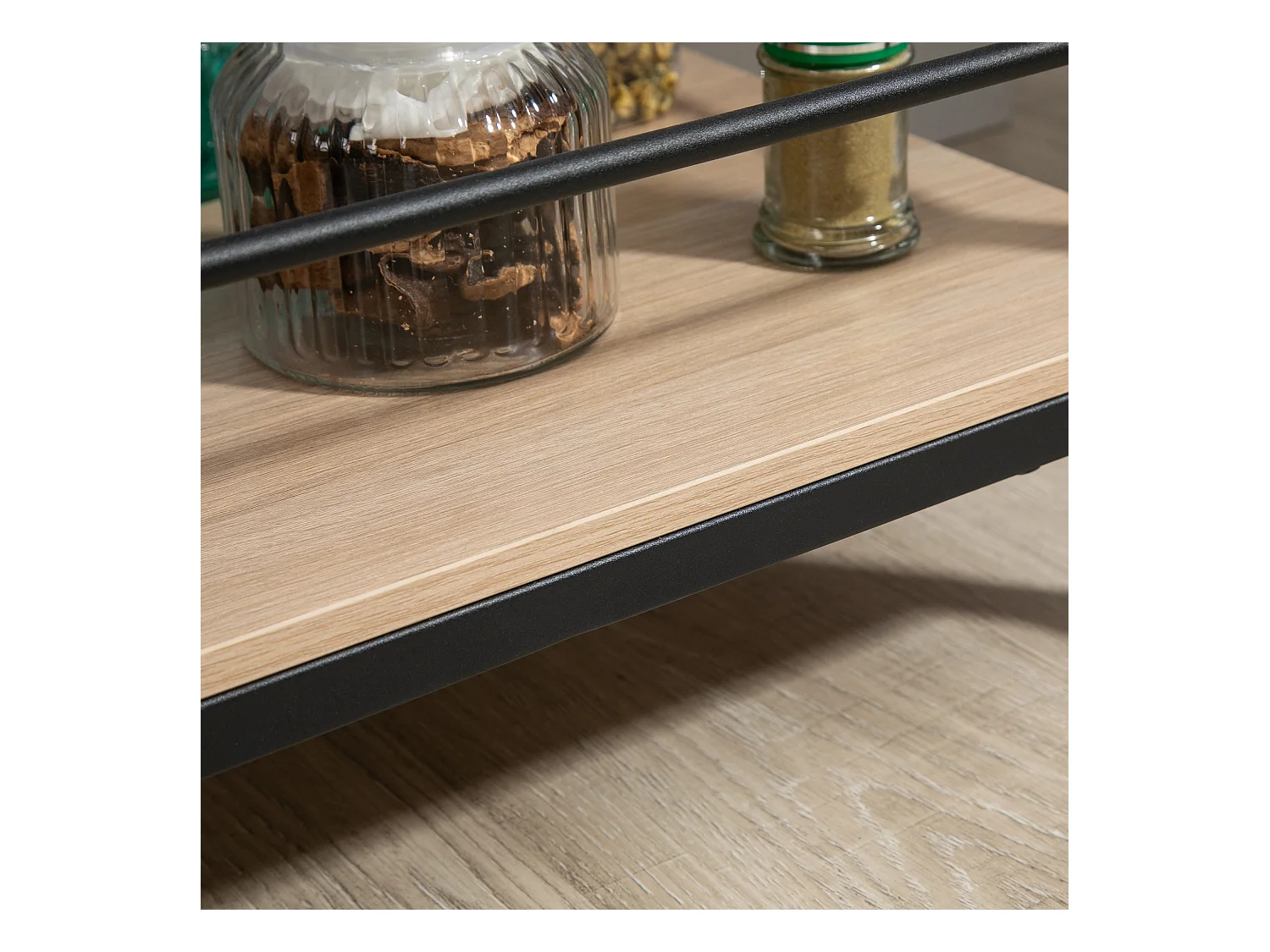 Desserte de cuisine 2 niveaux, roulettes avec freins, acier et bois naturel, protection latérale, charge 60kg (82x40x75cm)