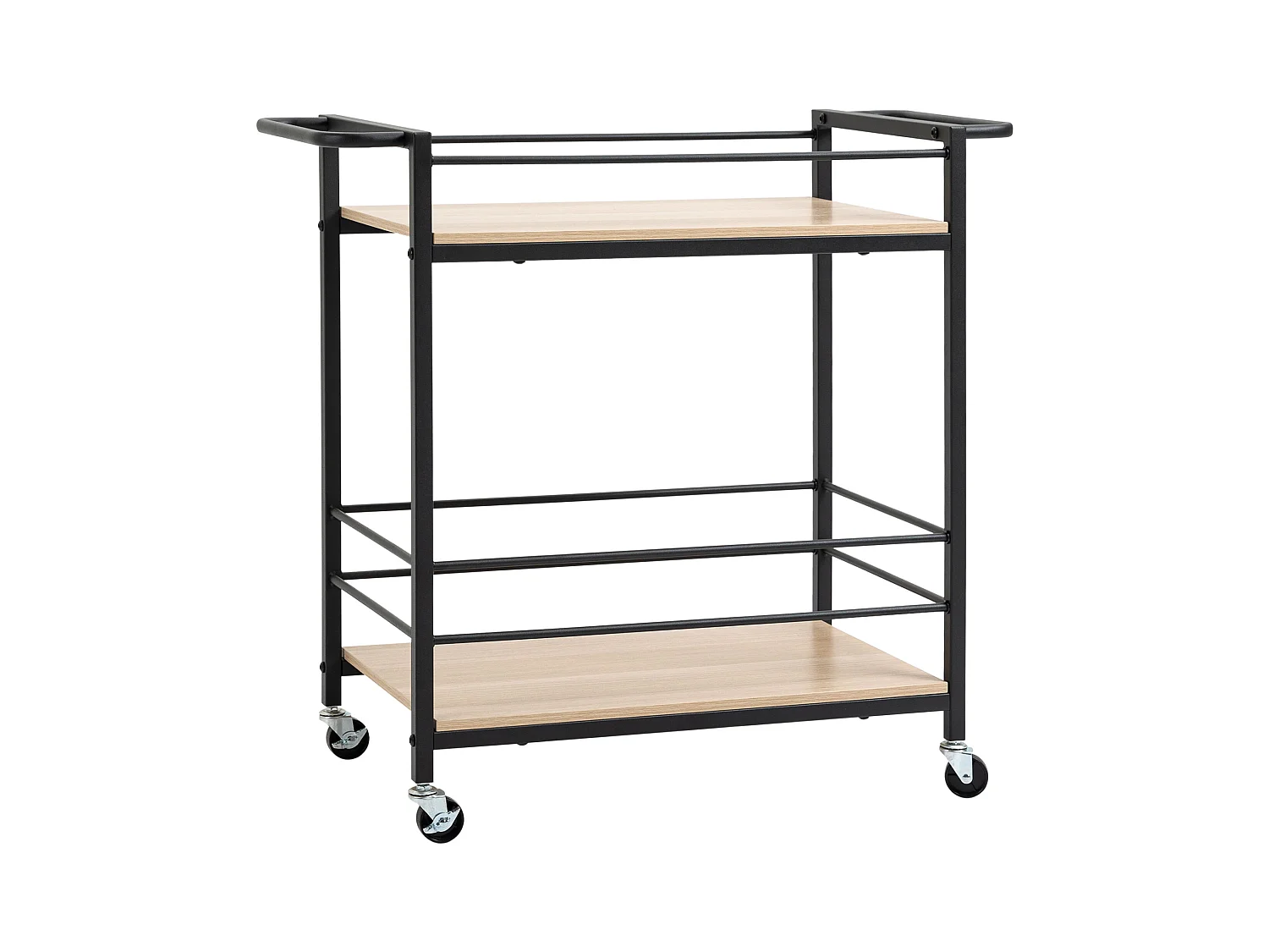 Carrello da cucina a 2 ripiani, ruote con freni, acciaio e legno naturale, protezione laterale, portata 60 kg (82x40x75 cm)