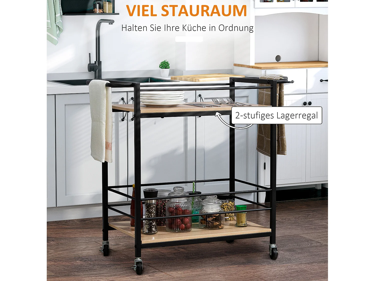 Desserte de cuisine 2 niveaux, roulettes avec freins, acier et bois naturel, protection latérale, charge 60kg (82x40x75cm)