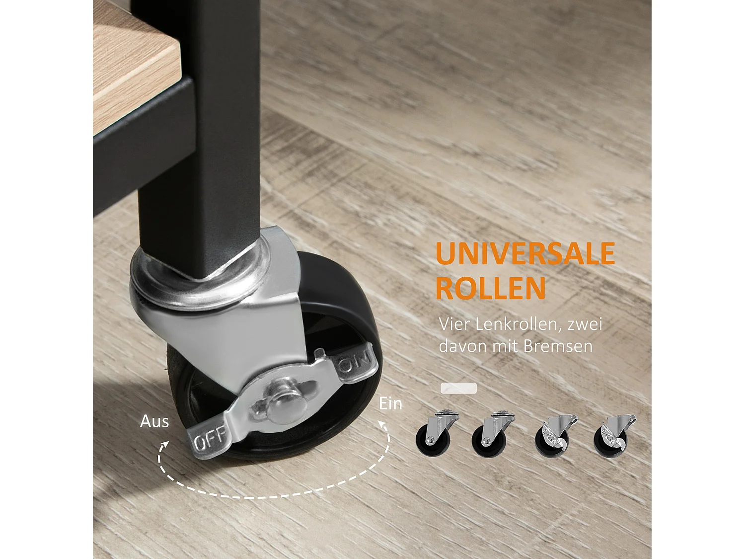 Desserte de cuisine 2 niveaux, roulettes avec freins, acier et bois naturel, protection latérale, charge 60kg (82x40x75cm)