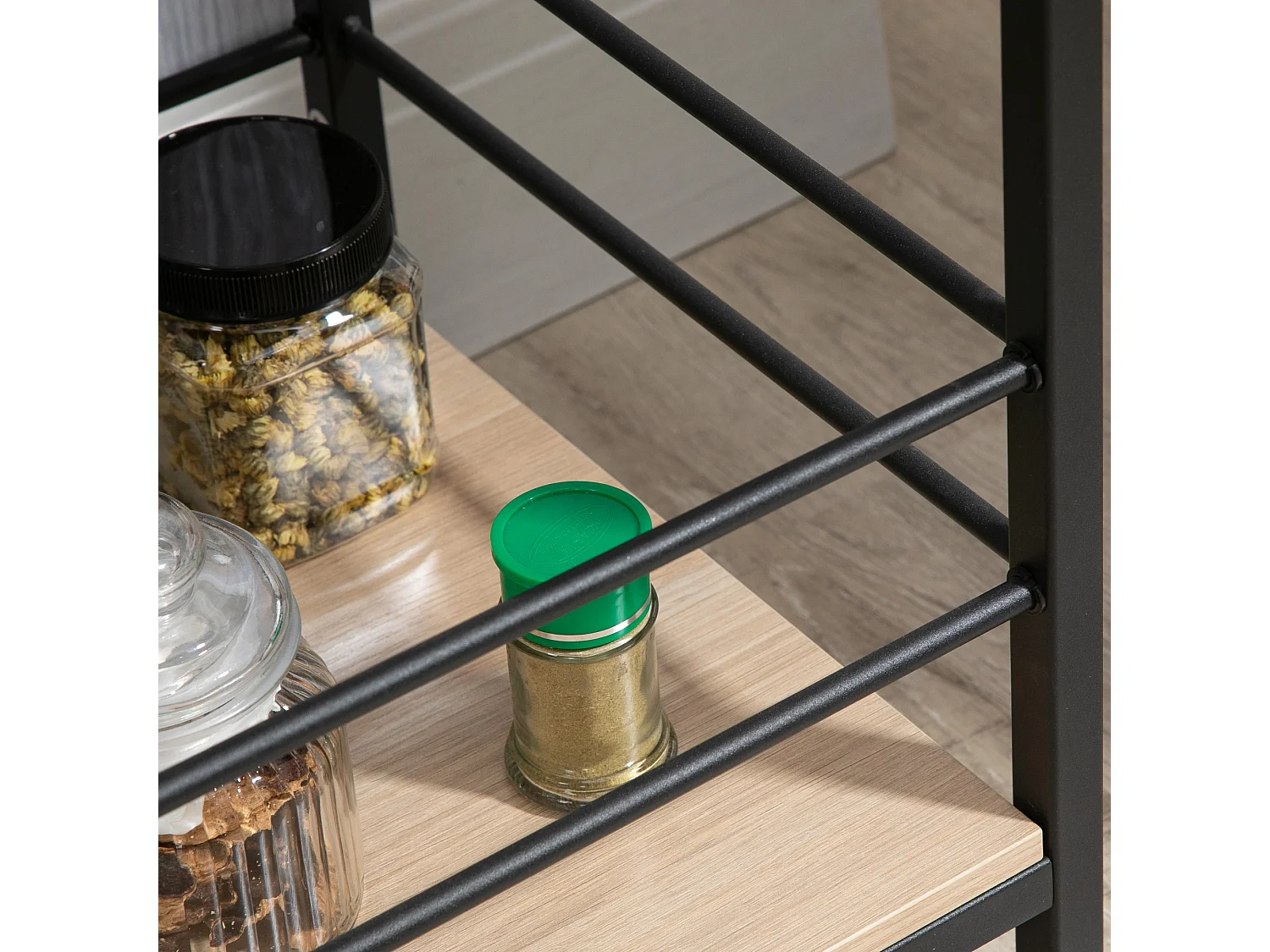 Desserte de cuisine 2 niveaux, roulettes avec freins, acier et bois naturel, protection latérale, charge 60kg (82x40x75cm)