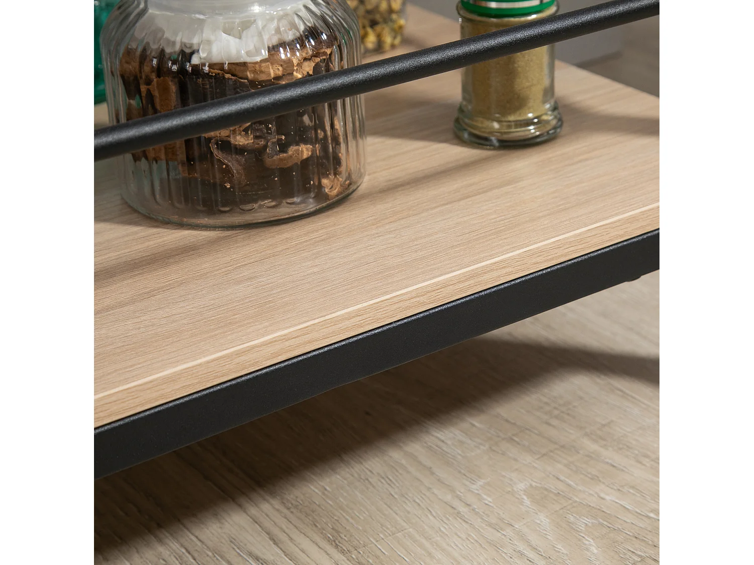 Desserte de cuisine 2 niveaux, roulettes avec freins, acier et bois naturel, protection latérale, charge 60kg (82x40x75cm)