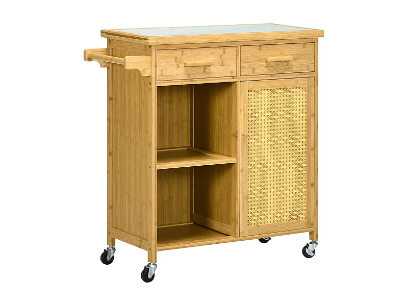 Carrello da cucina con cassetto, ripiani aperti, portasciugamani, bambù naturale (84x36x85cm)