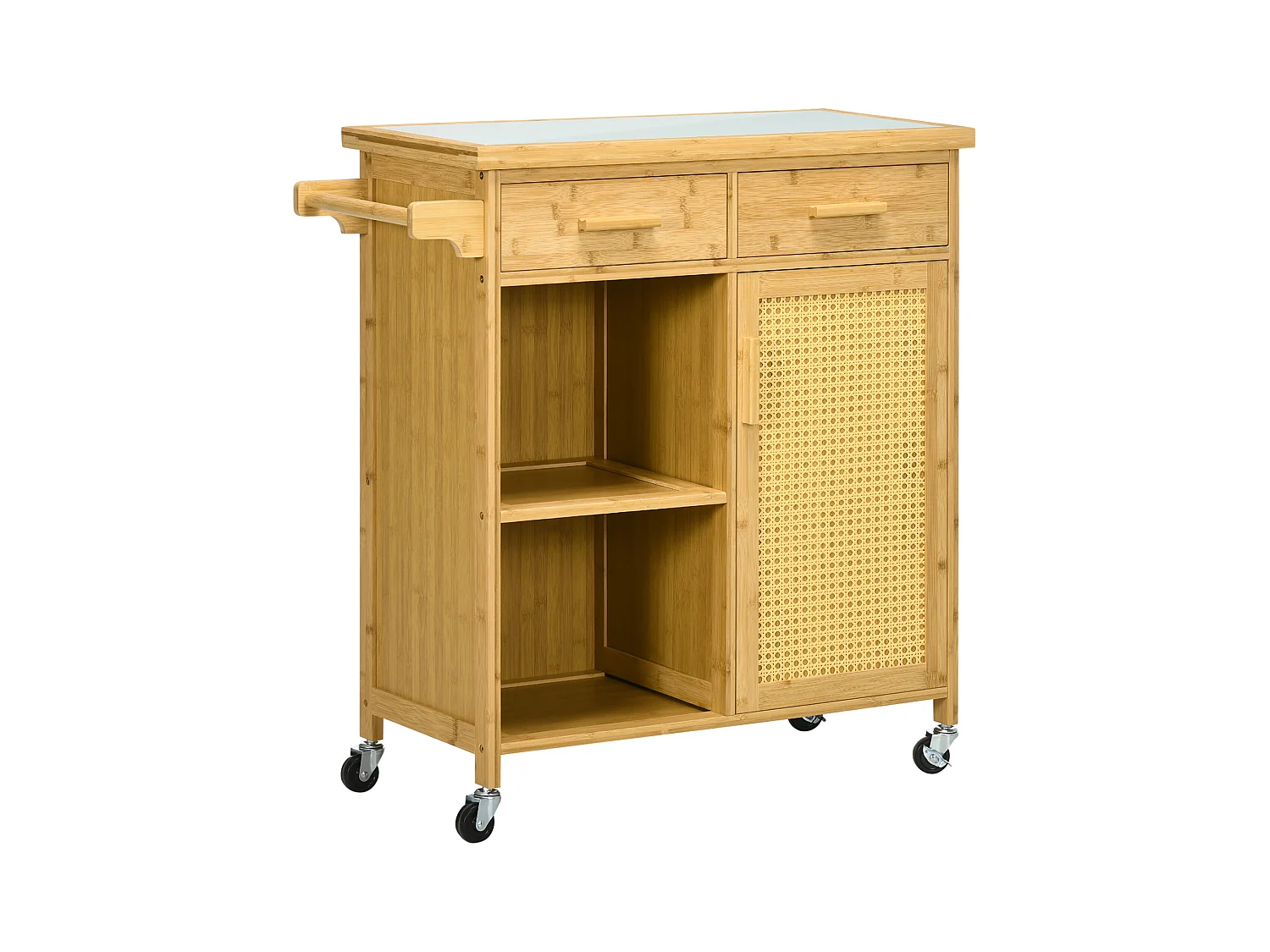 Keukentrolley met lade, open planken, handdoekenrek, natuurlijk bamboe (84x36x85cm)