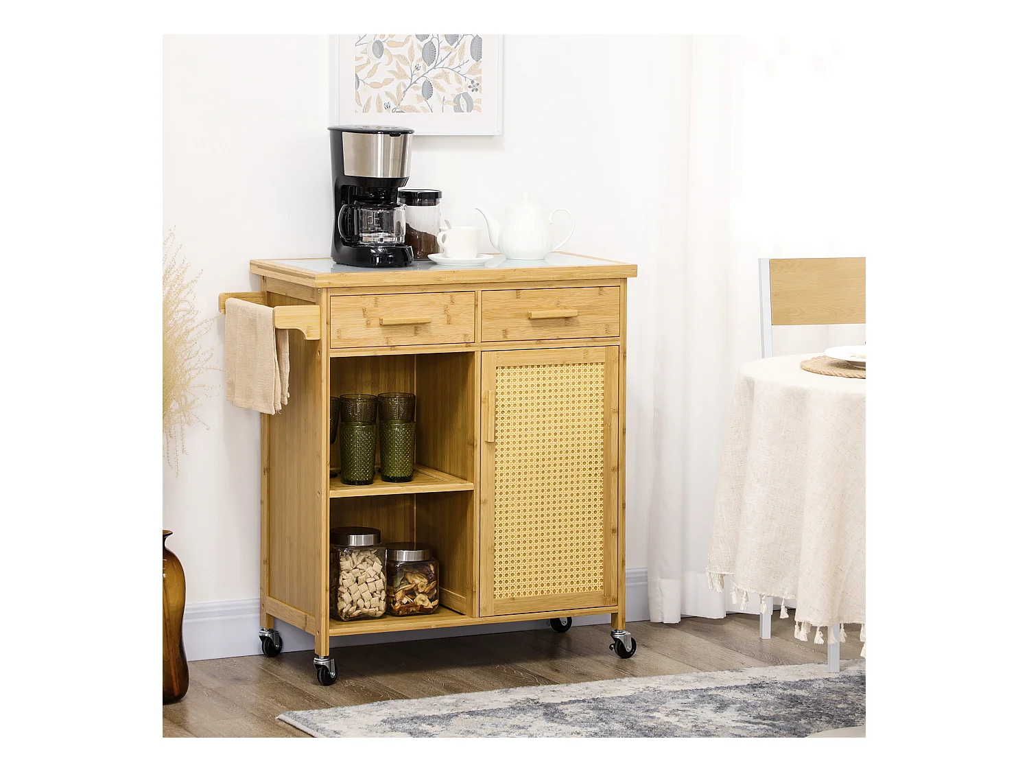 Keukentrolley met lade, open planken, handdoekenrek, natuurlijk bamboe (84x36x85cm)