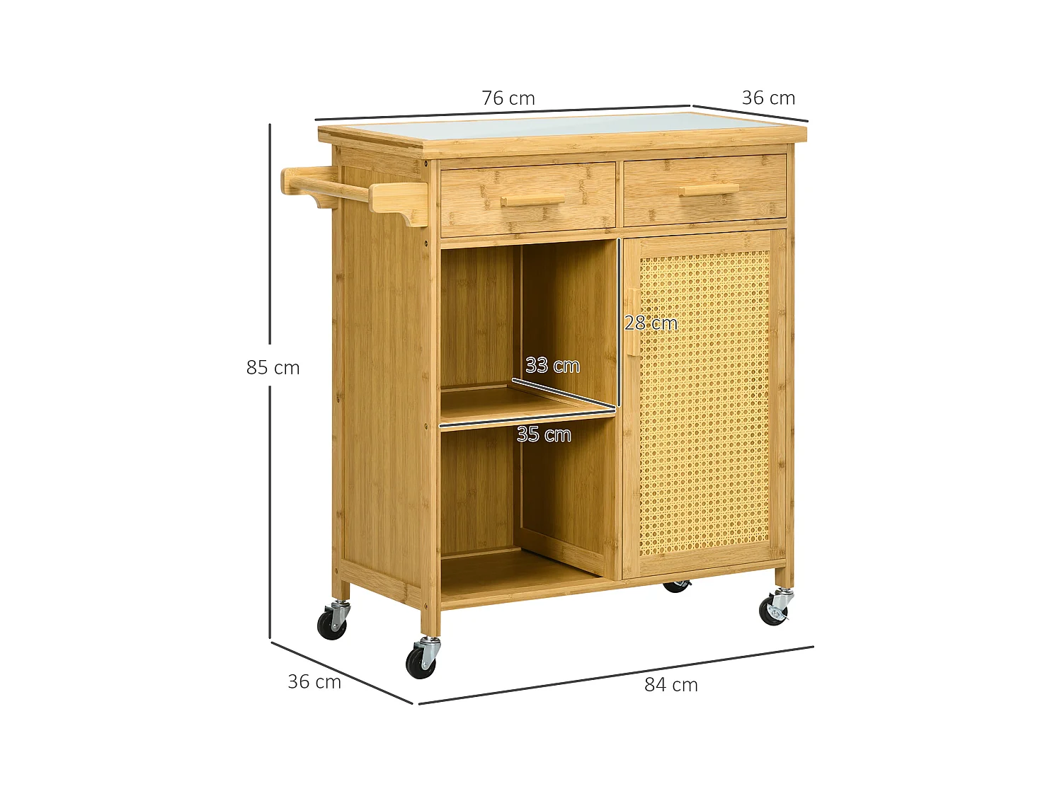 Keukentrolley met lade, open planken, handdoekenrek, natuurlijk bamboe (84x36x85cm)