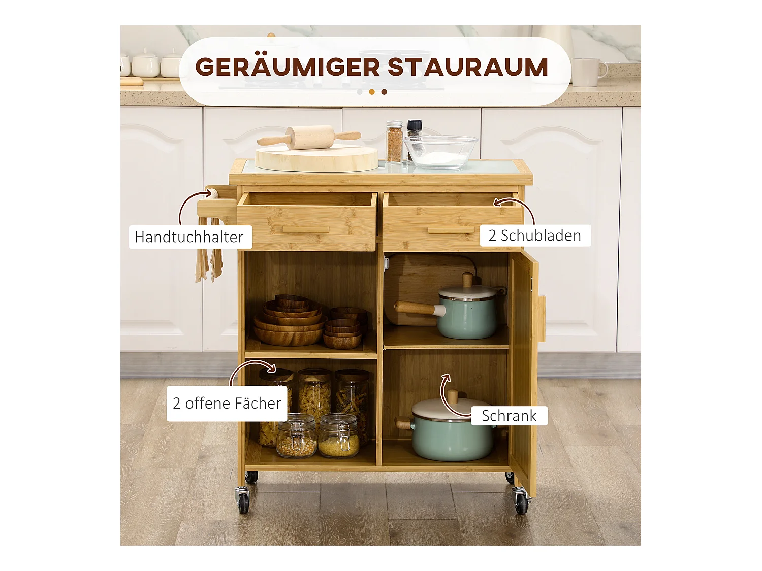 Keukentrolley met lade, open planken, handdoekenrek, natuurlijk bamboe (84x36x85cm)