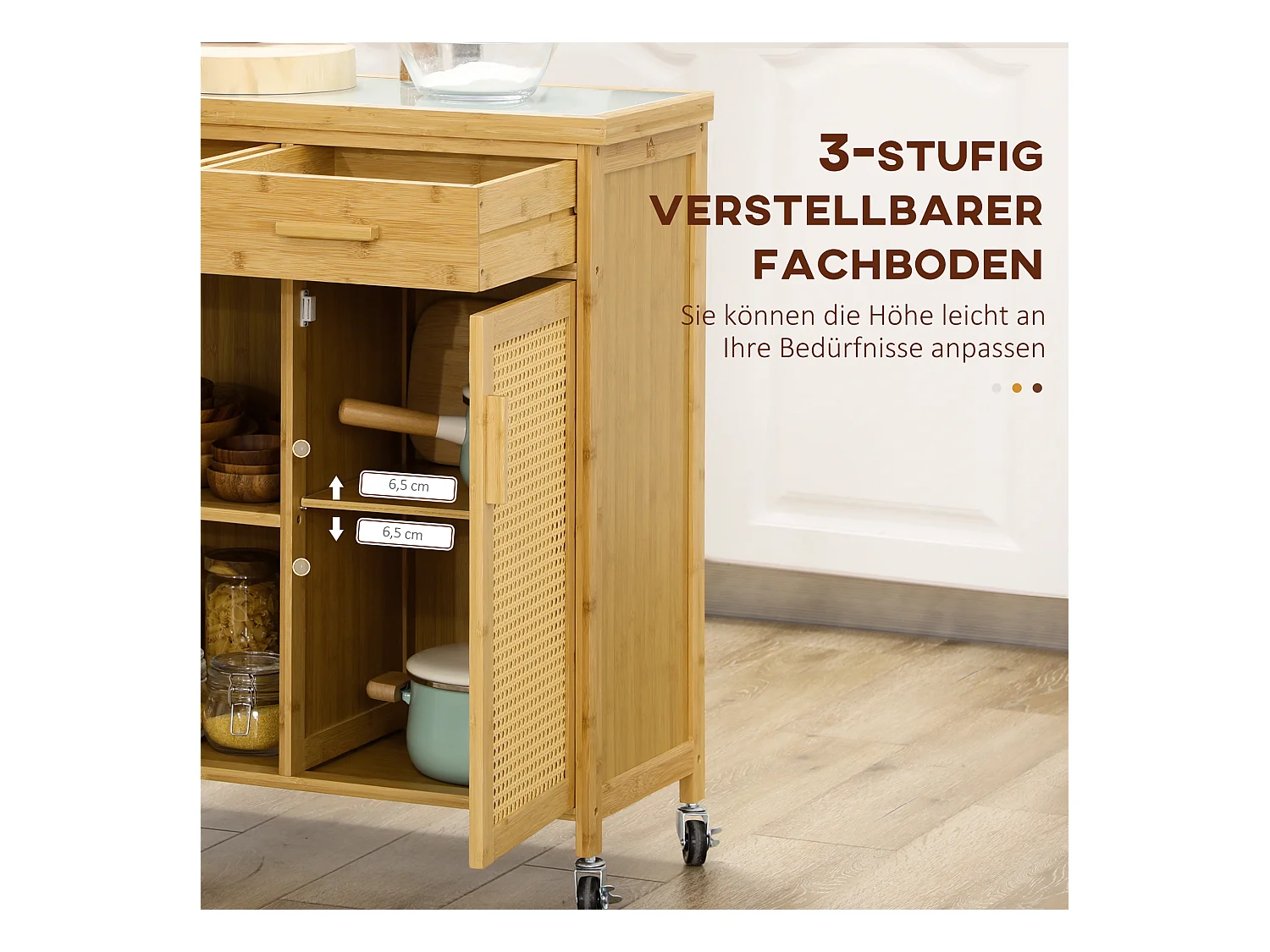 Keukentrolley met lade, open planken, handdoekenrek, natuurlijk bamboe (84x36x85cm)