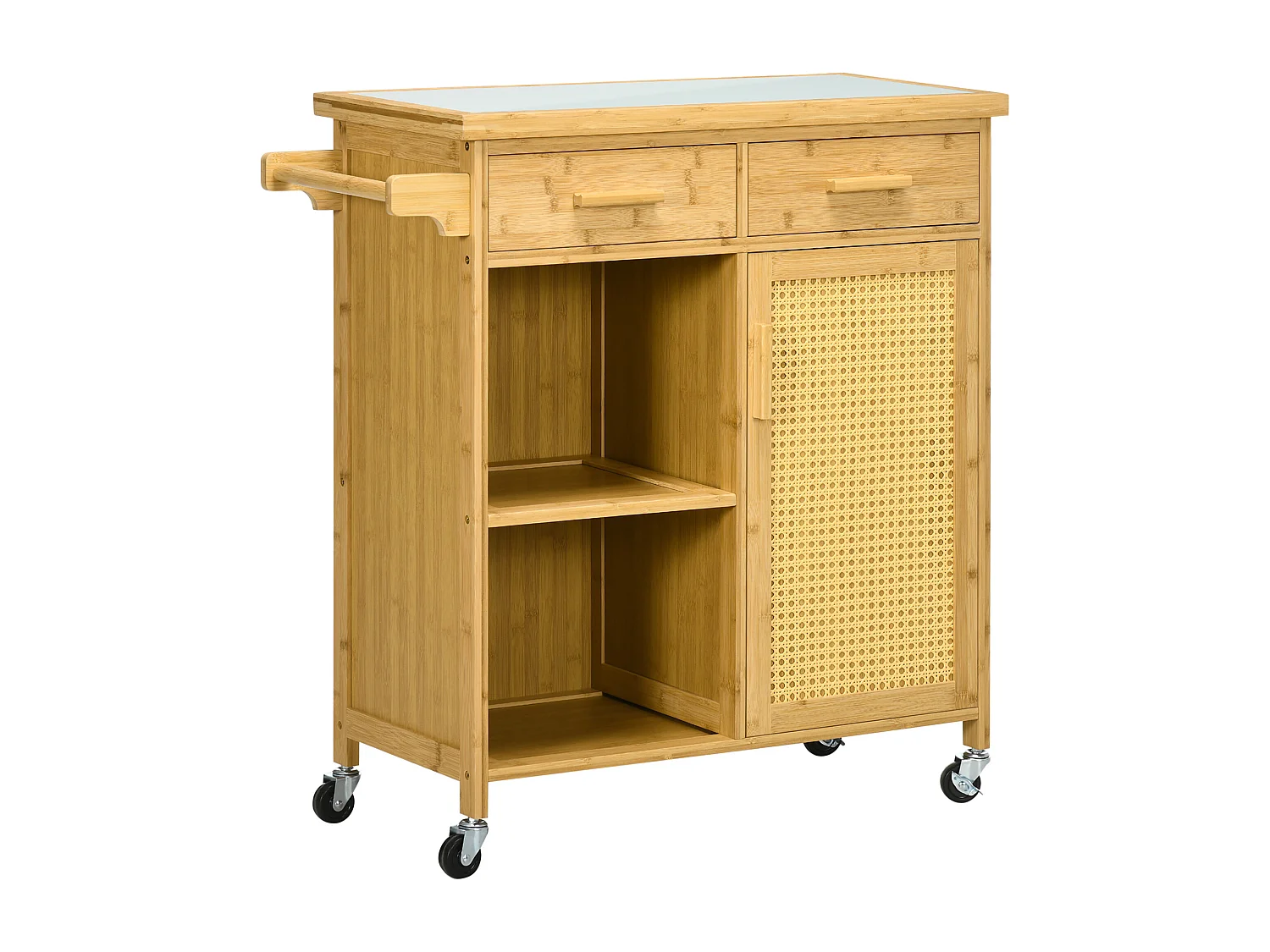 Keukentrolley met lade, open planken, handdoekenrek, natuurlijk bamboe (84x36x85cm)