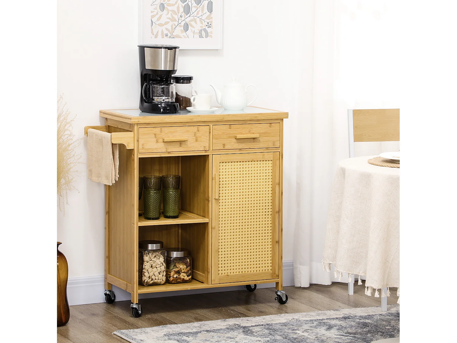 Keukentrolley met lade, open planken, handdoekenrek, natuurlijk bamboe (84x36x85cm)