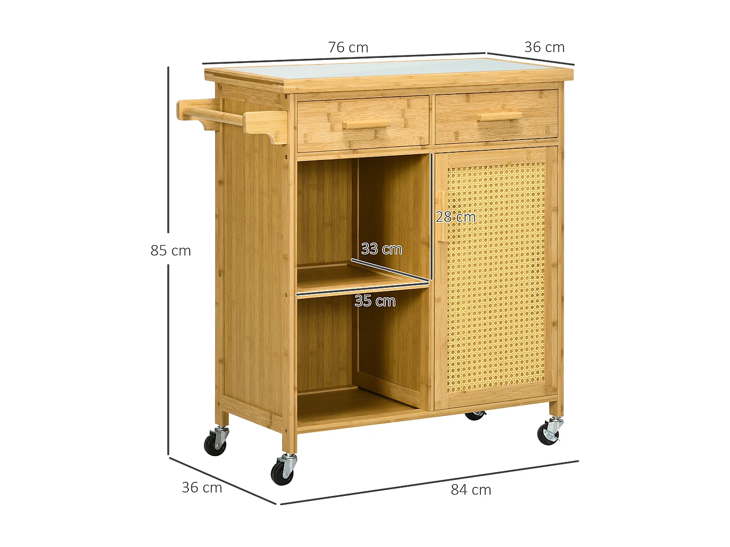 Keukentrolley met lade, open planken, handdoekenrek, natuurlijk bamboe (84x36x85cm)