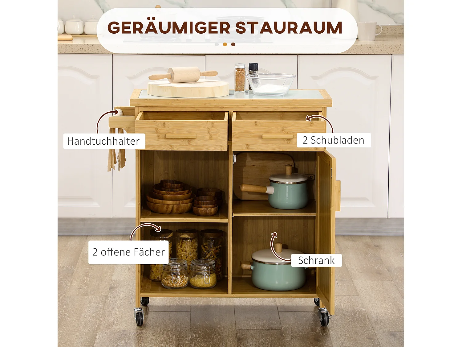 Keukentrolley met lade, open planken, handdoekenrek, natuurlijk bamboe (84x36x85cm)