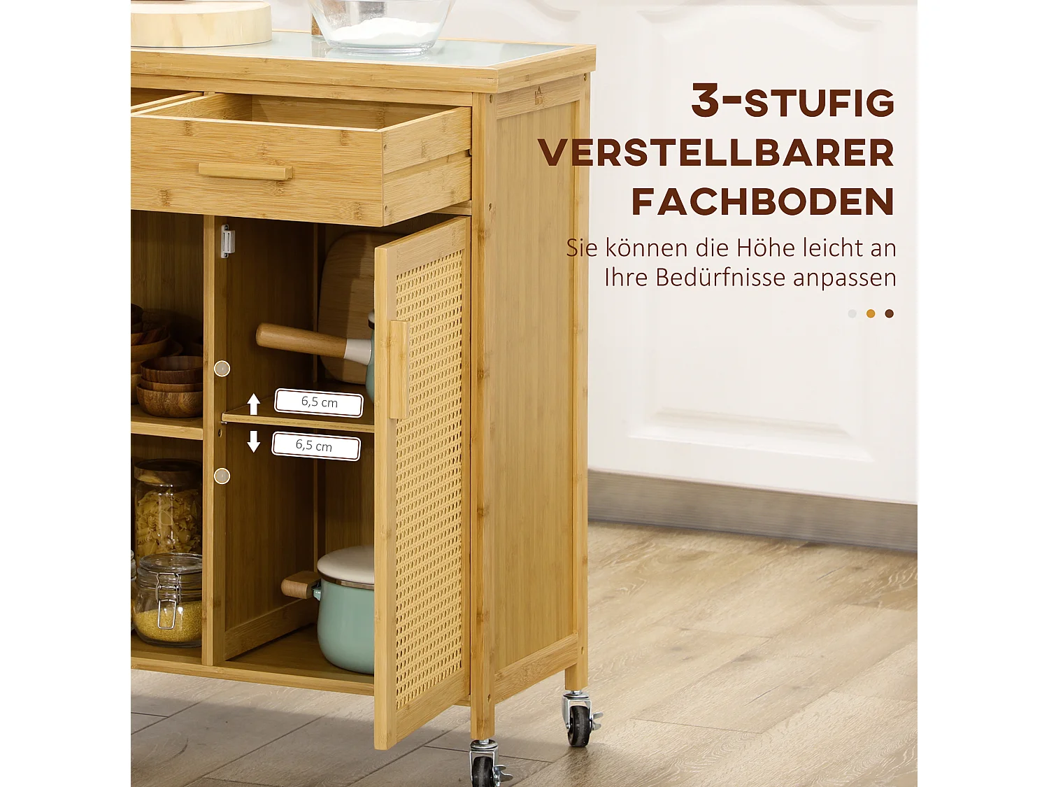 Keukentrolley met lade, open planken, handdoekenrek, natuurlijk bamboe (84x36x85cm)