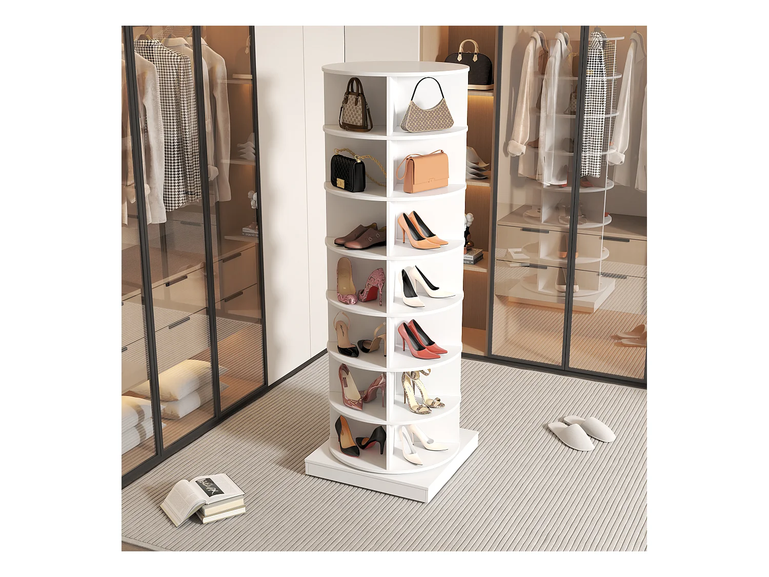 Armoire à chaussures rotative 360° blanche, 7 niveaux, capacité jusqu’à 28 paires, MDF (70.5x30x116 cm)