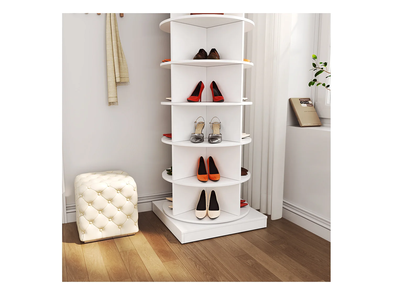 Armoire à chaussures rotative 360° blanche, 7 niveaux, capacité jusqu’à 28 paires, MDF (70.5x30x116 cm)