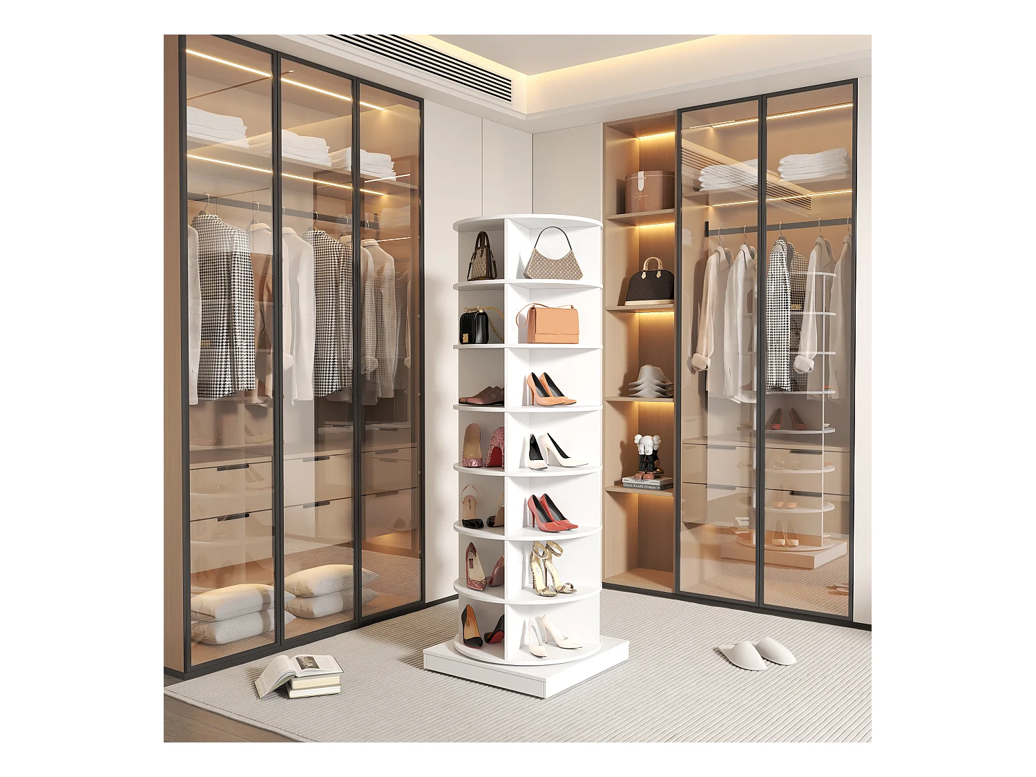 Armoire à chaussures rotative 360° blanche, 7 niveaux, capacité jusqu’à 28 paires, MDF (70.5x30x116 cm)