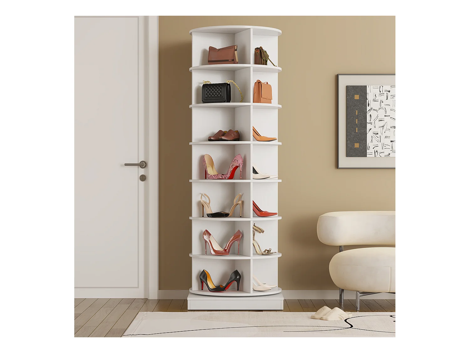Armoire à chaussures rotative 360° blanche, 7 niveaux, capacité jusqu’à 28 paires, MDF (70.5x30x116 cm)
