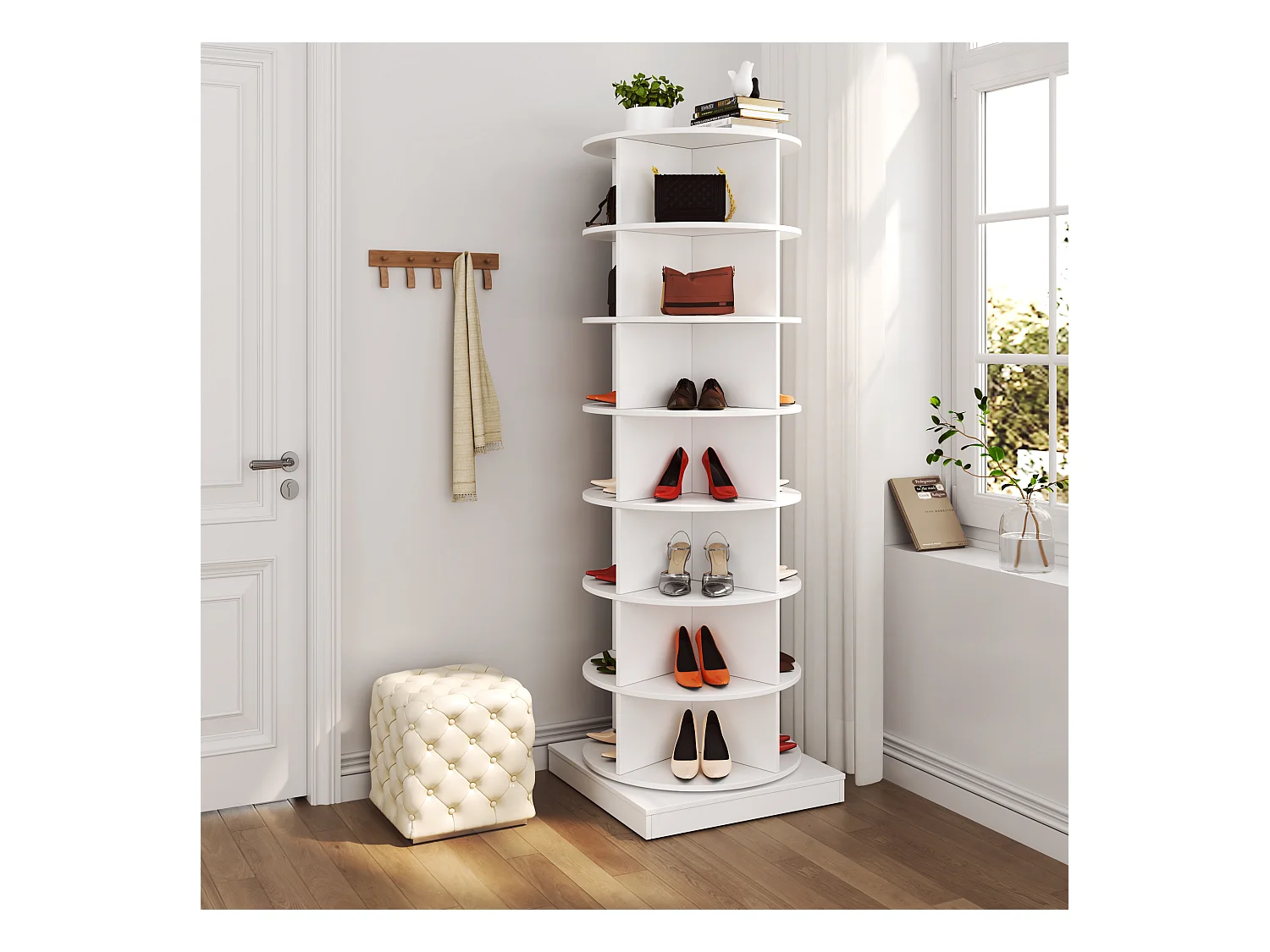 Armoire à chaussures rotative 360° blanche, 7 niveaux, capacité jusqu’à 28 paires, MDF (70.5x30x116 cm)