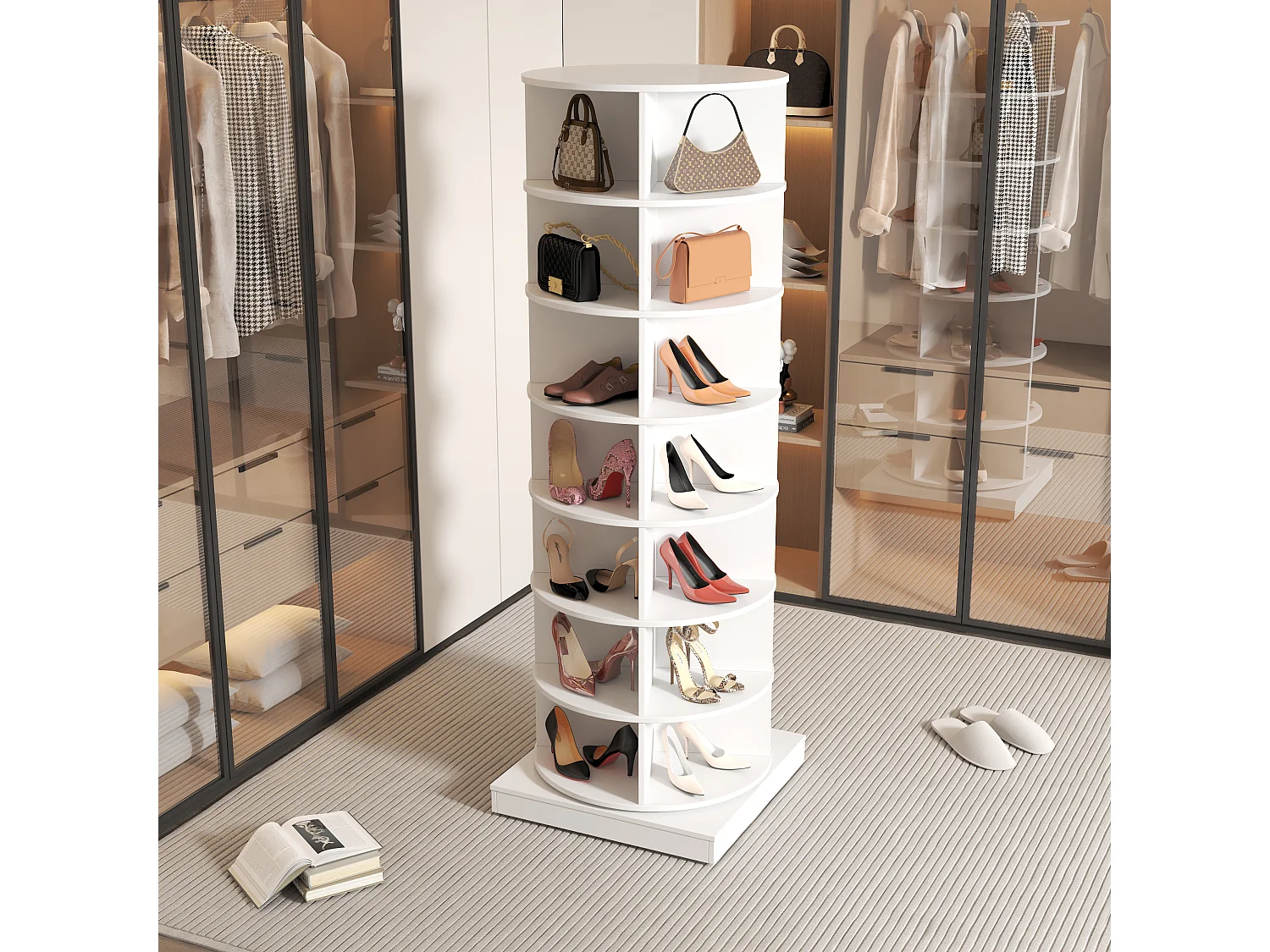 Armoire à chaussures rotative 360° blanche, 7 niveaux, capacité jusqu’à 28 paires, MDF (70.5x30x116 cm)