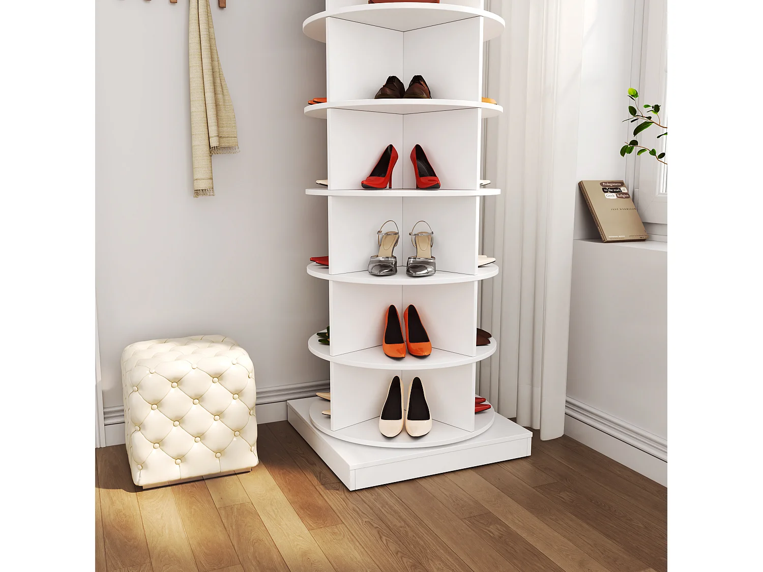Armoire à chaussures rotative 360° blanche, 7 niveaux, capacité jusqu’à 28 paires, MDF (70.5x30x116 cm)
