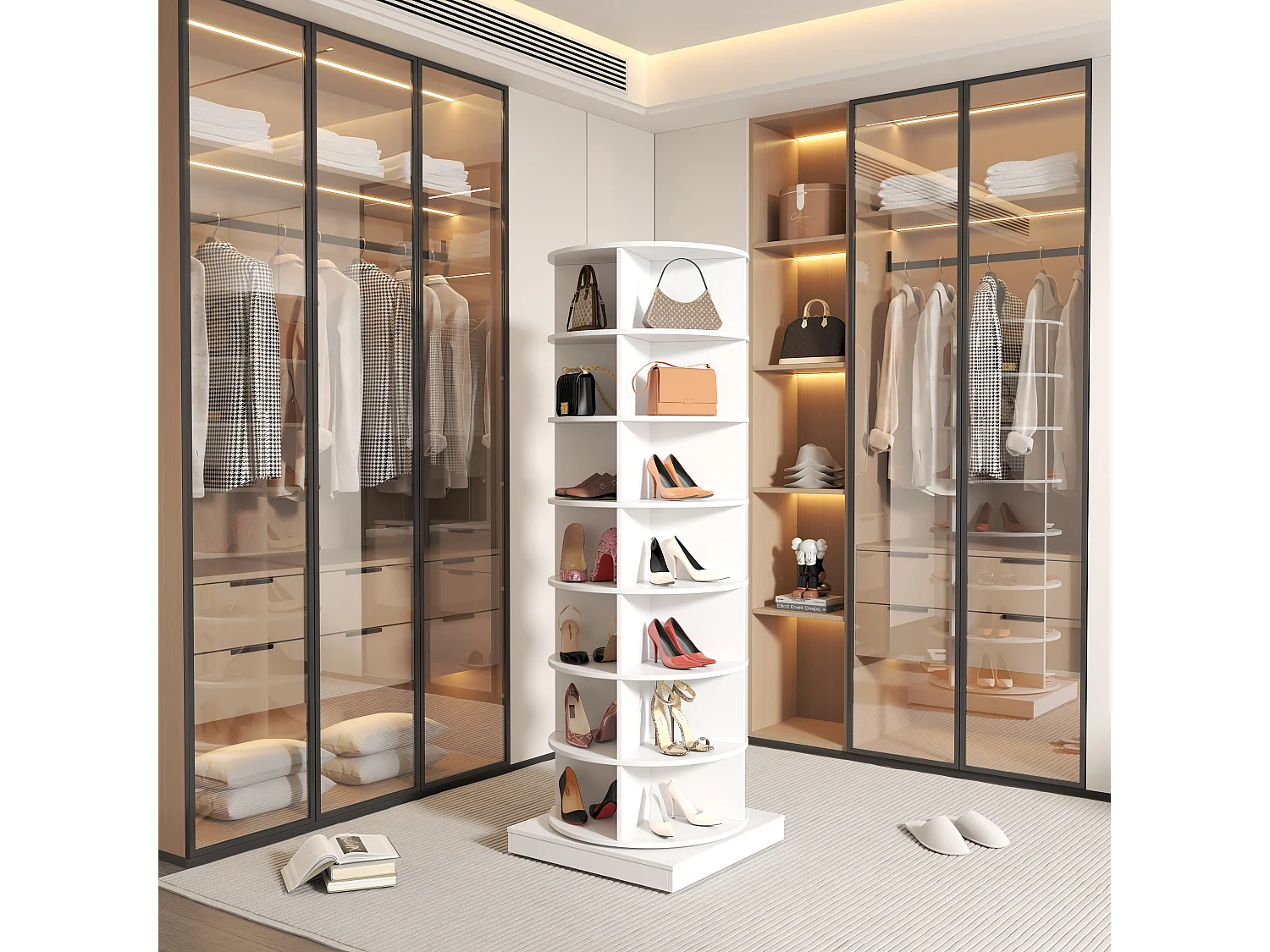 Armoire à chaussures rotative 360° blanche, 7 niveaux, capacité jusqu’à 28 paires, MDF (70.5x30x116 cm)