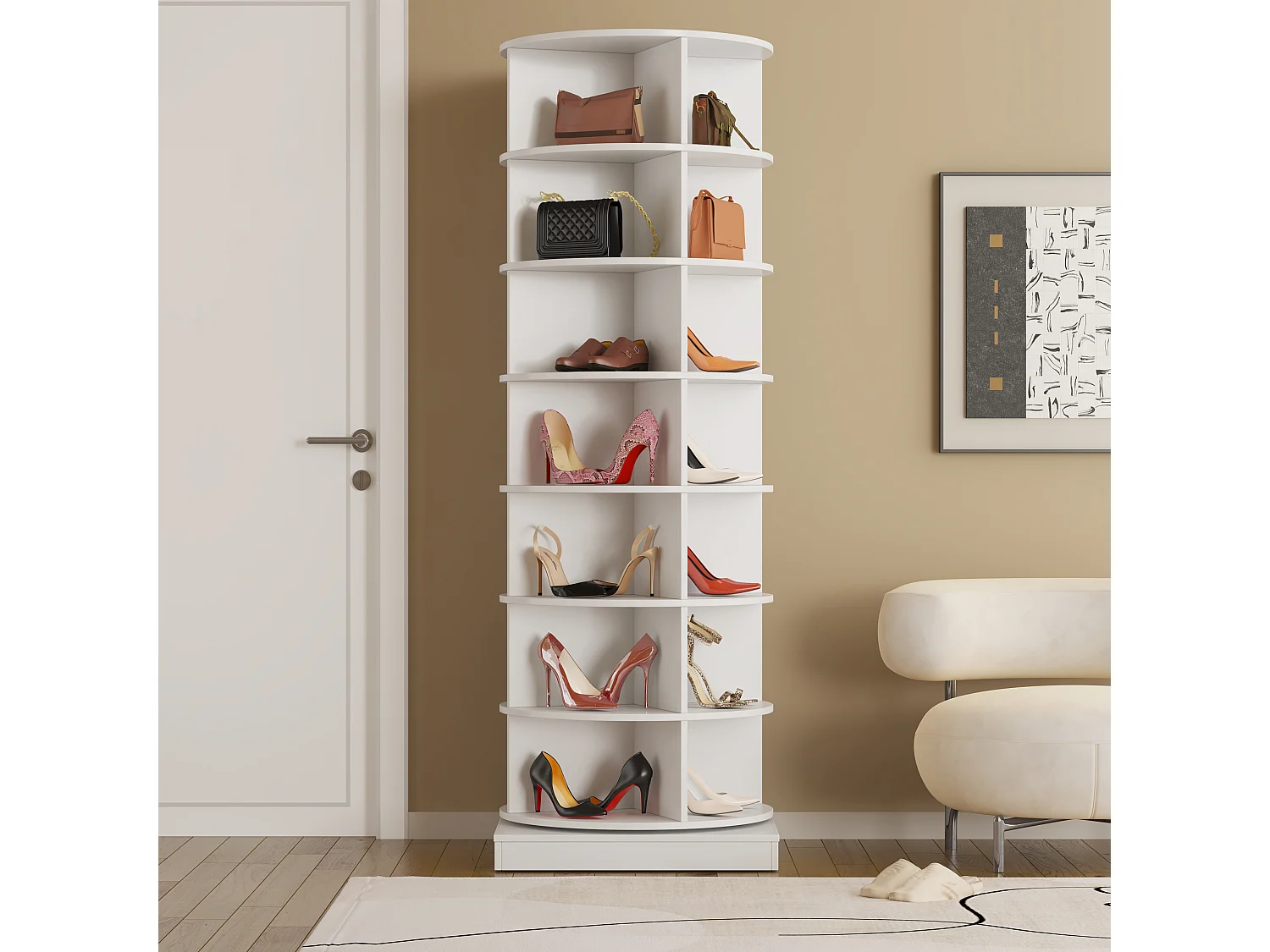 Armoire à chaussures rotative 360° blanche, 7 niveaux, capacité jusqu’à 28 paires, MDF (70.5x30x116 cm)