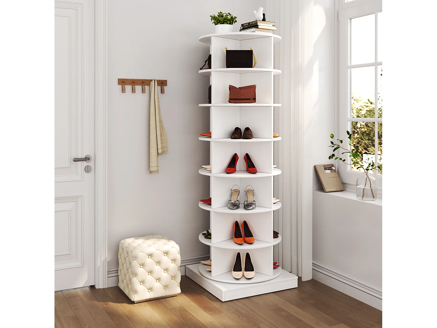 Armoire à chaussures rotative 360° blanche, 7 niveaux, capacité jusqu’à 28 paires, MDF (70.5x30x116 cm)