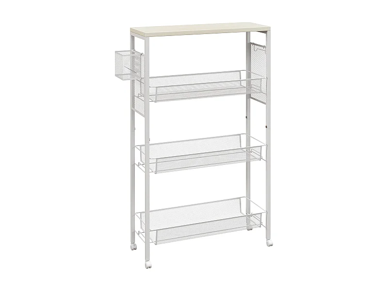 Carrello da cucina con 3 ripiani, cestello e piano di lavoro, acciaio, bianco (58x18,5x87 cm)