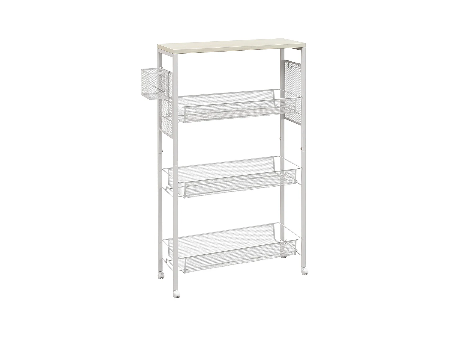 Keukentrolley met 3 planken, mand en werkblad, staal, wit (58x18,5x87 cm)