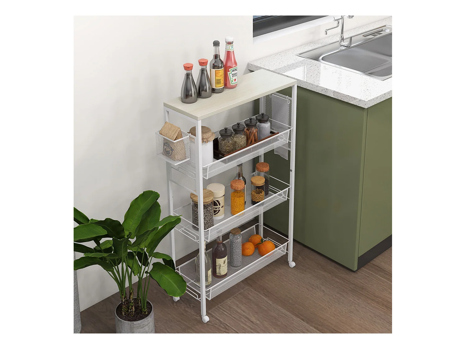 Keukentrolley met 3 planken, mand en werkblad, staal, wit (58x18,5x87 cm)