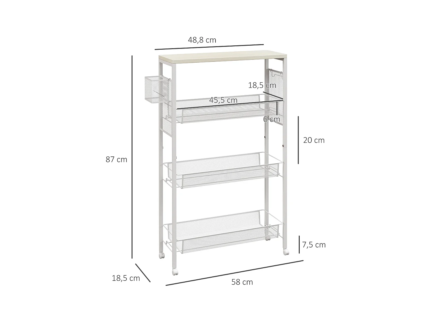 Keukentrolley met 3 planken, mand en werkblad, staal, wit (58x18,5x87 cm)