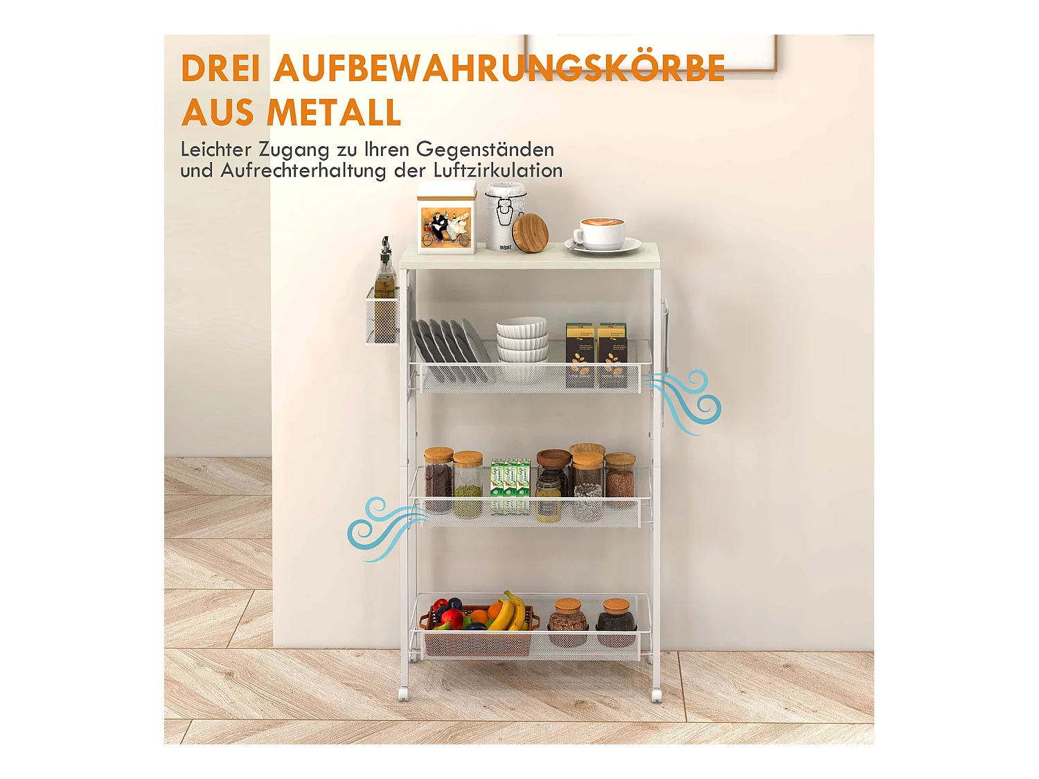 Keukentrolley met 3 planken, mand en werkblad, staal, wit (58x18,5x87 cm)