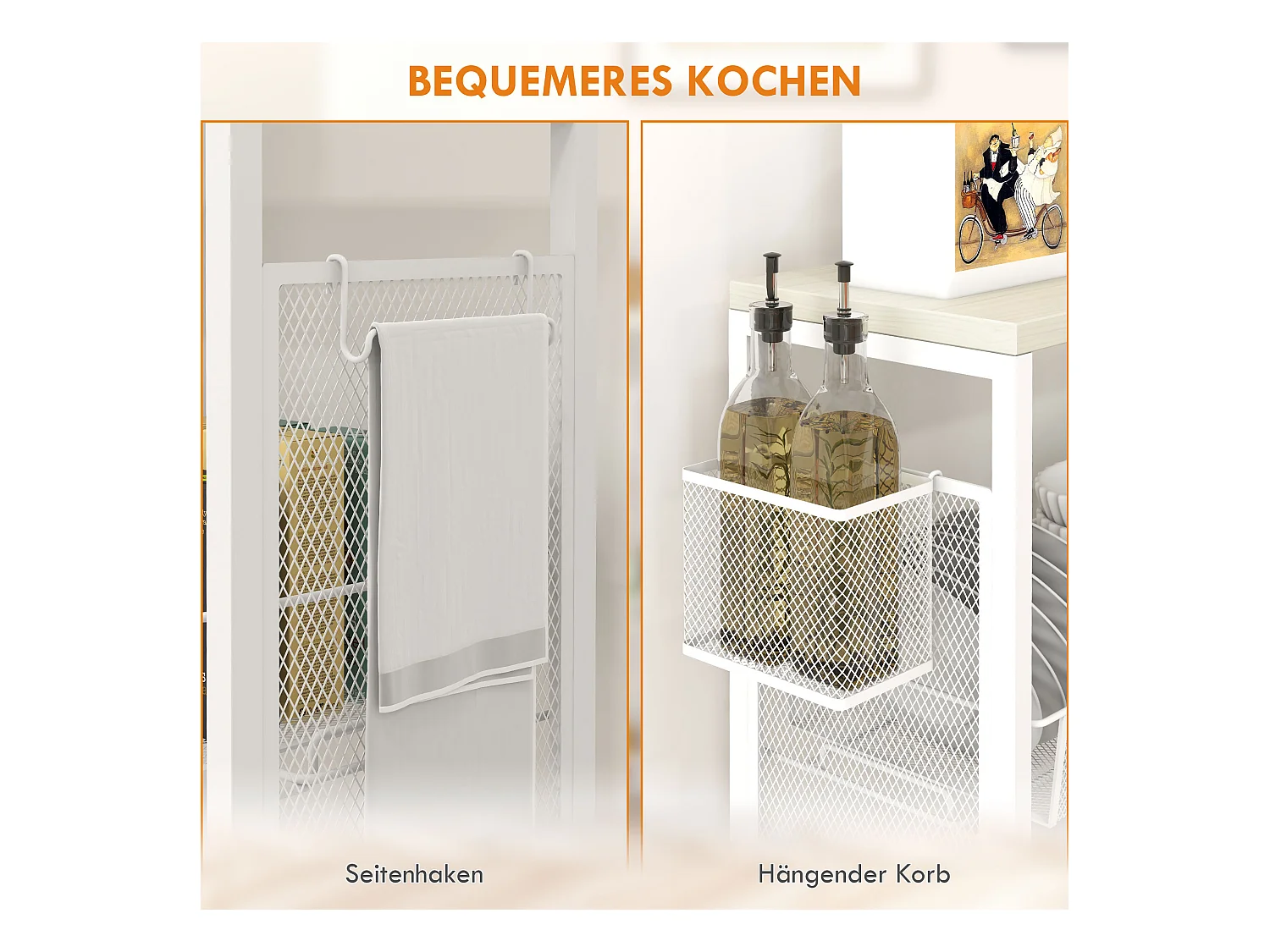 Keukentrolley met 3 planken, mand en werkblad, staal, wit (58x18,5x87 cm)