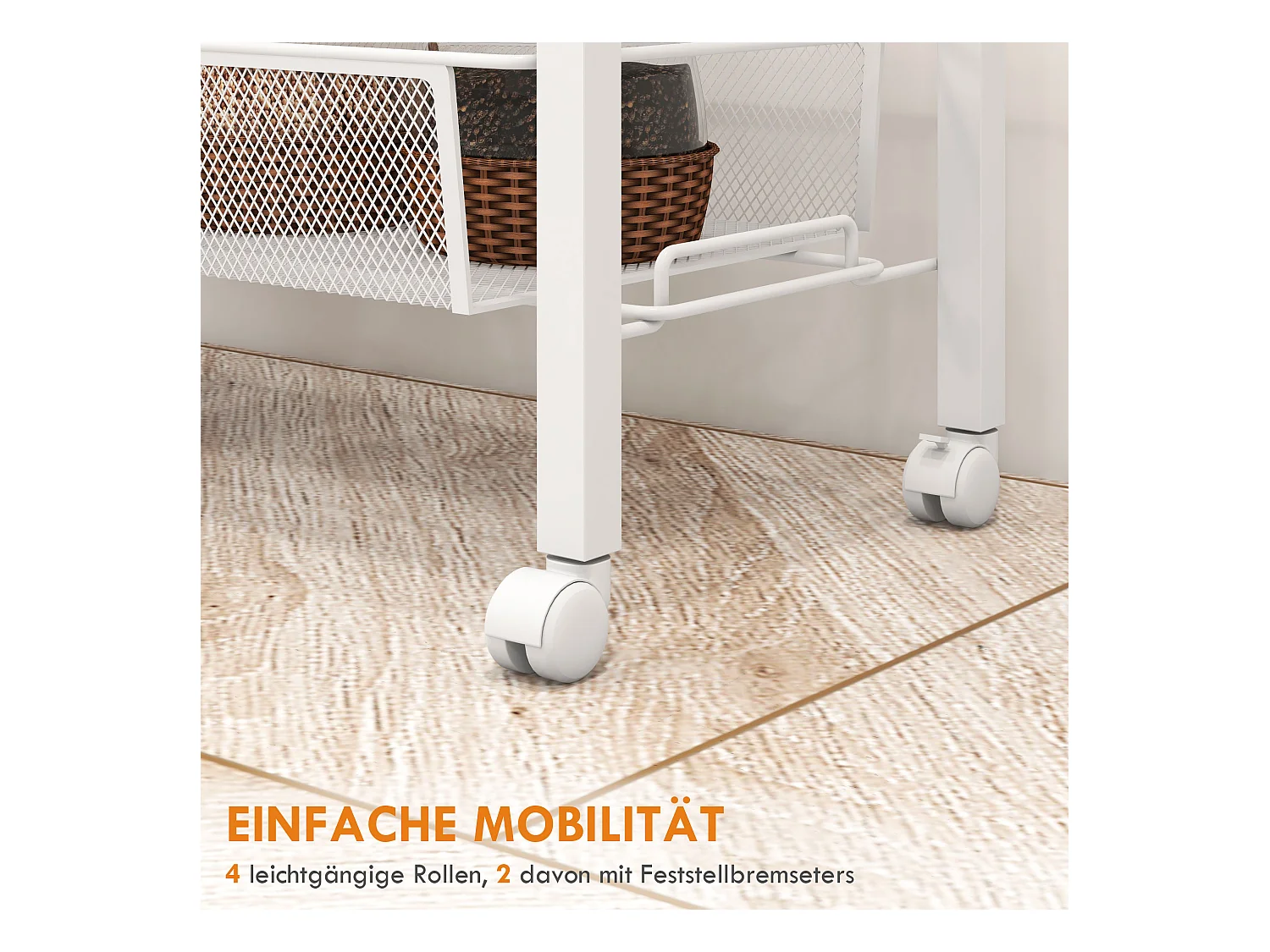 Keukentrolley met 3 planken, mand en werkblad, staal, wit (58x18,5x87 cm)