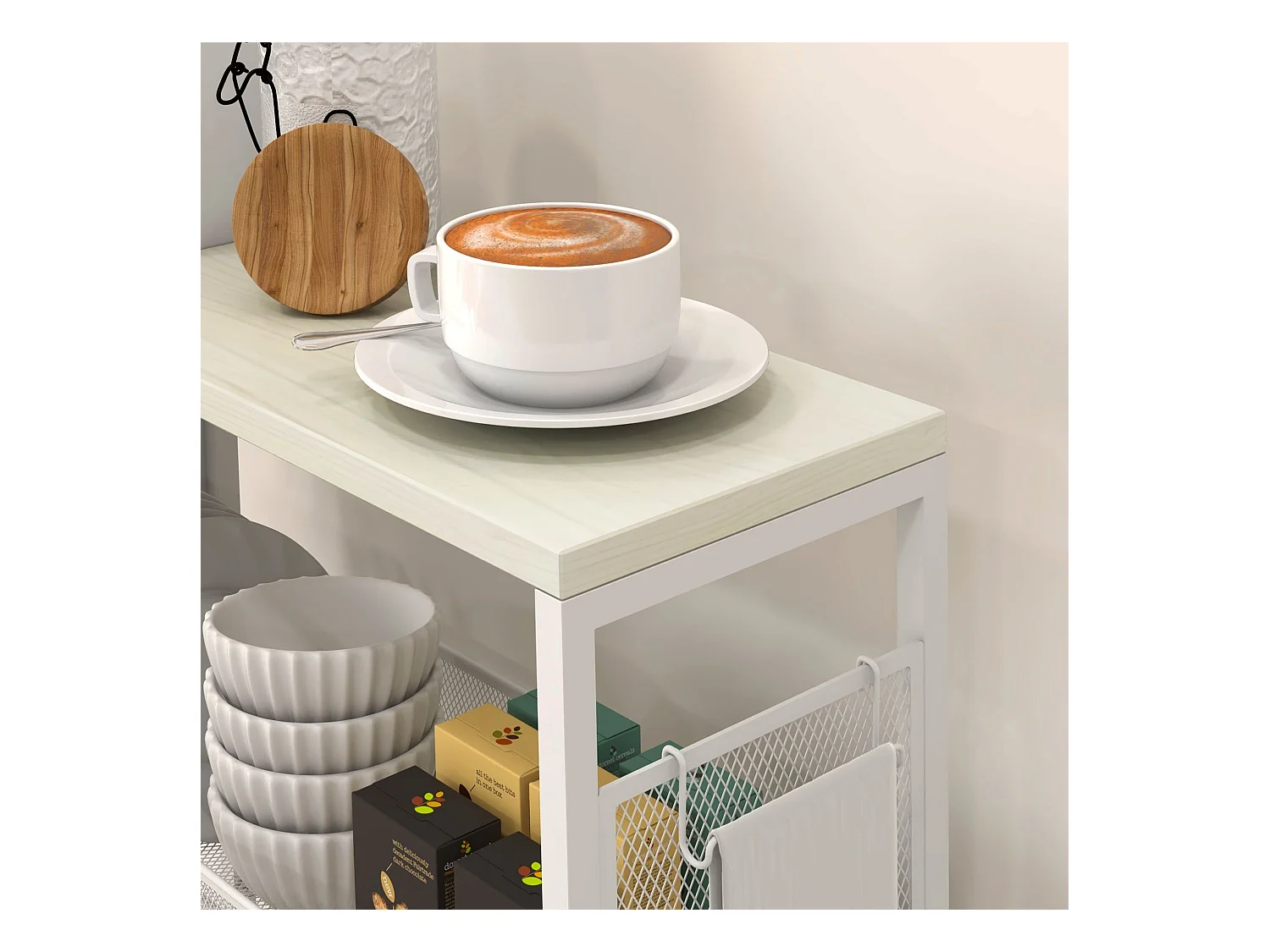 Keukentrolley met 3 planken, mand en werkblad, staal, wit (58x18,5x87 cm)