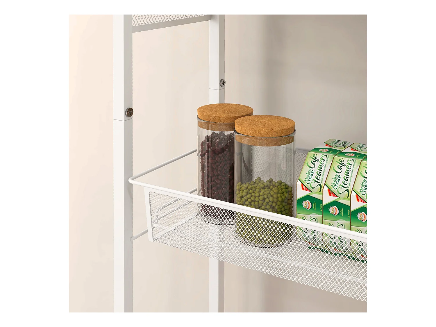 Keukentrolley met 3 planken, mand en werkblad, staal, wit (58x18,5x87 cm)