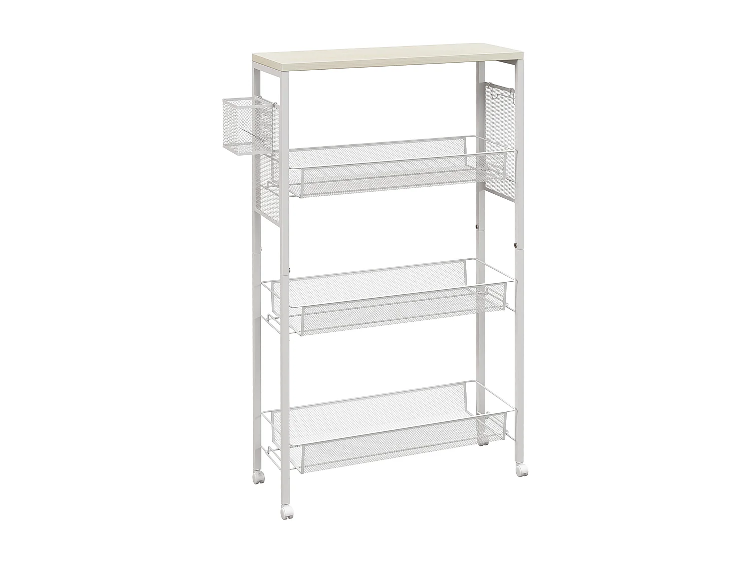 Chariot de cuisine avec 3 étagères, panier et plan de travail, acier, blanc (58x18.5x87 cm)