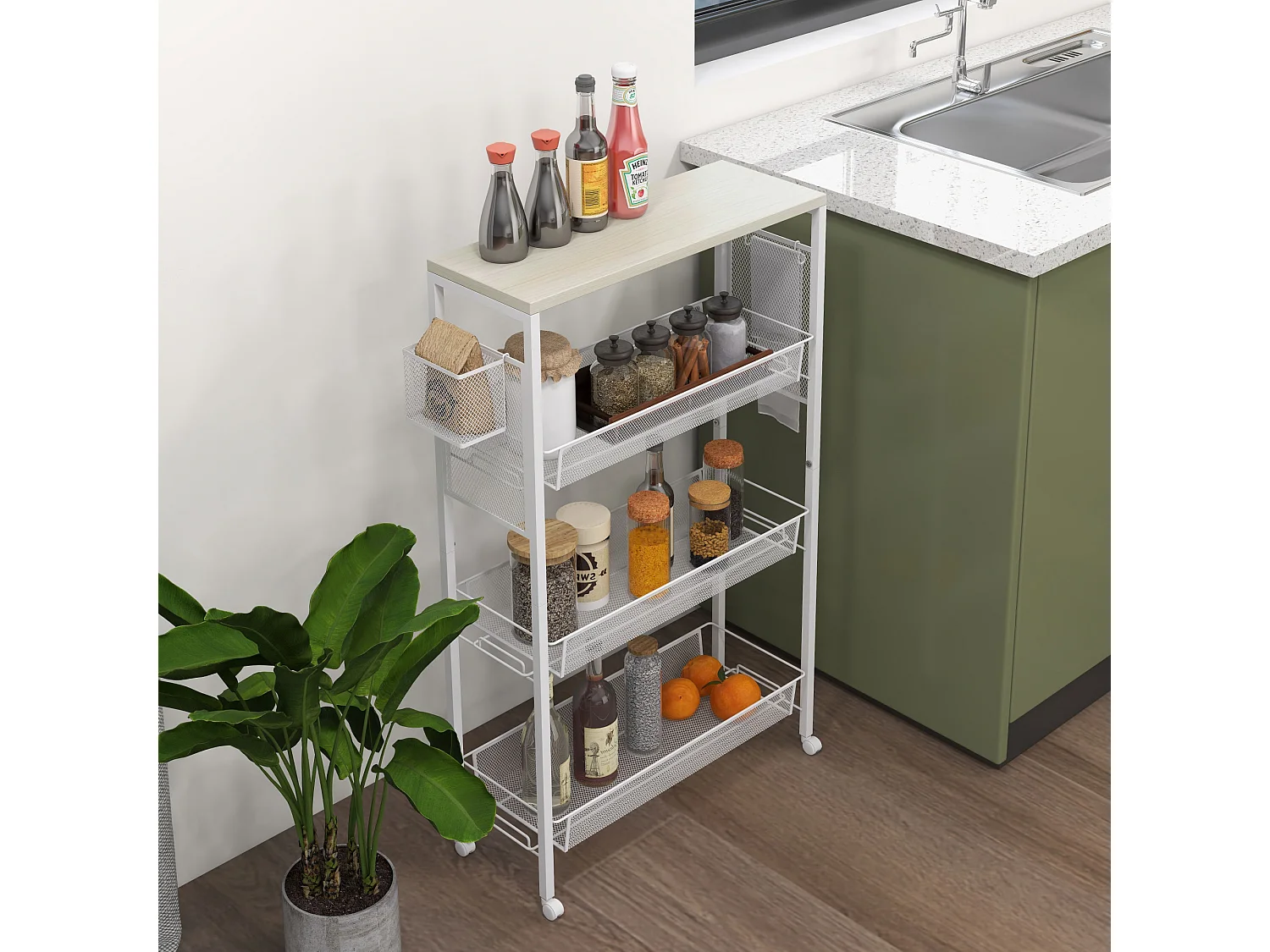 Chariot de cuisine avec 3 étagères, panier et plan de travail, acier, blanc (58x18.5x87 cm)