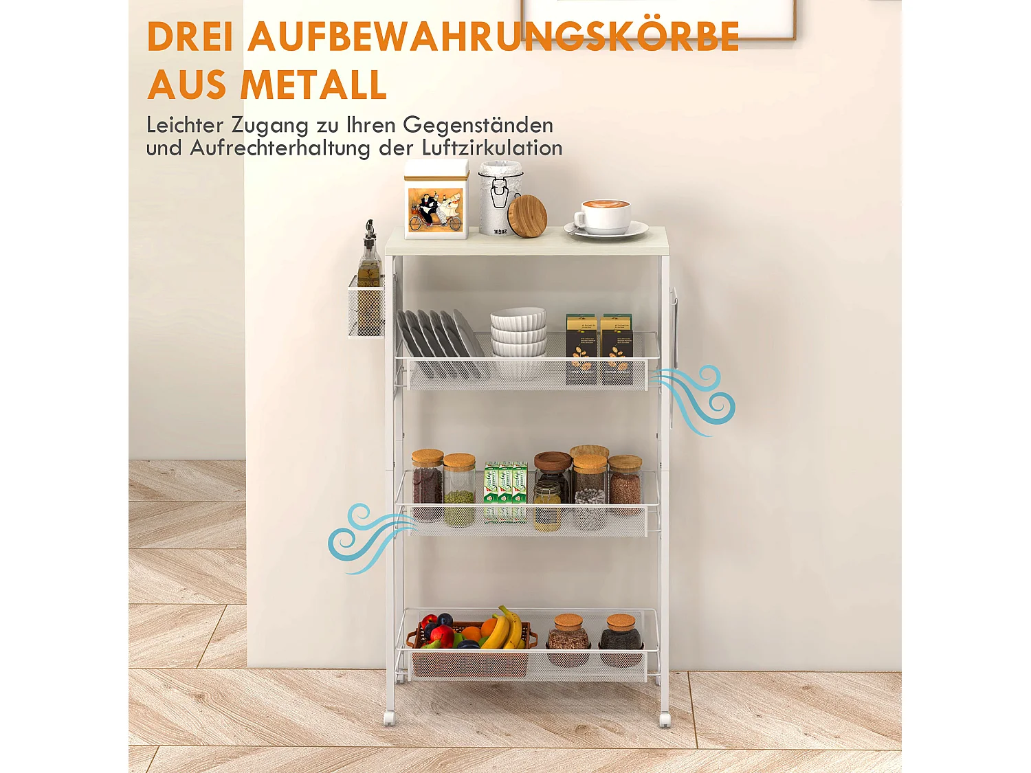 Chariot de cuisine avec 3 étagères, panier et plan de travail, acier, blanc (58x18.5x87 cm)