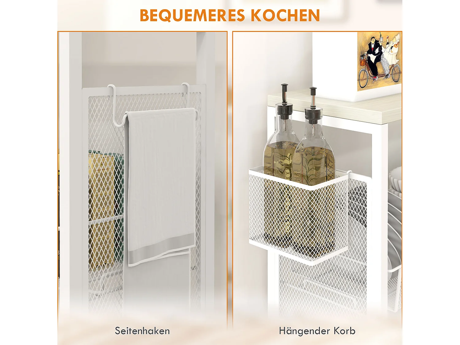 Chariot de cuisine avec 3 étagères, panier et plan de travail, acier, blanc (58x18.5x87 cm)