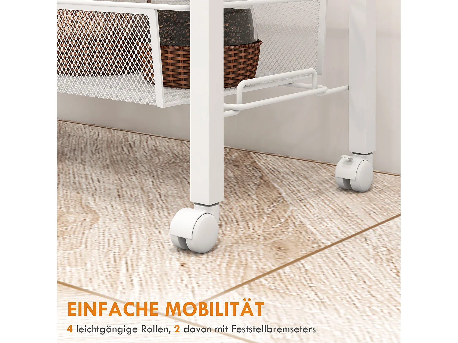 Chariot de cuisine avec 3 étagères, panier et plan de travail, acier, blanc (58x18.5x87 cm)