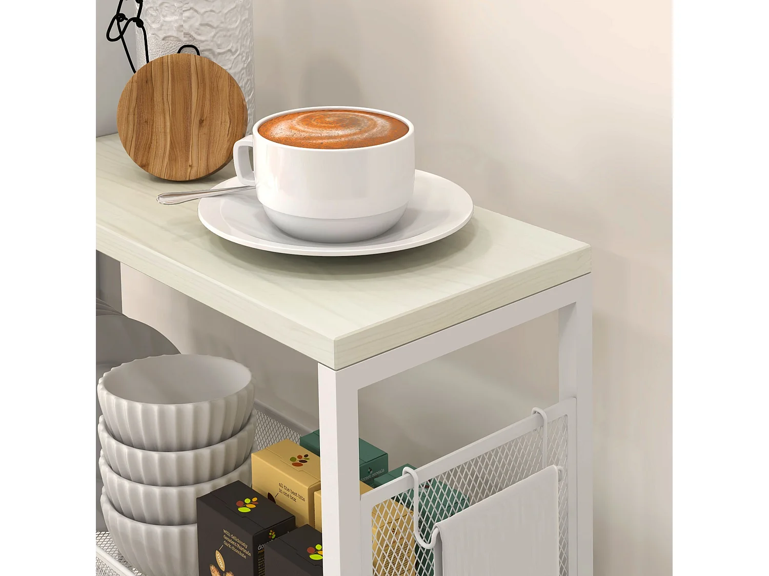 Chariot de cuisine avec 3 étagères, panier et plan de travail, acier, blanc (58x18.5x87 cm)