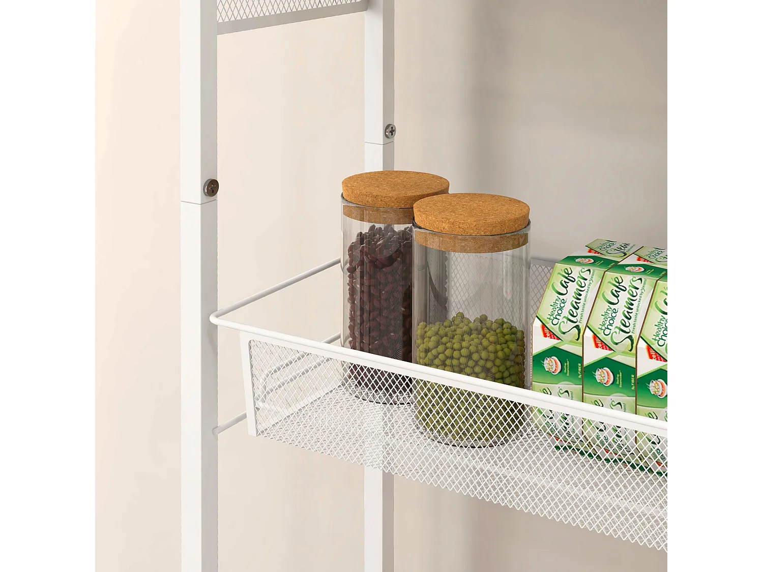 Chariot de cuisine avec 3 étagères, panier et plan de travail, acier, blanc (58x18.5x87 cm)