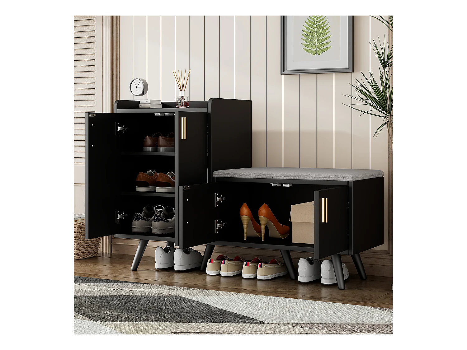 Meuble à chaussures moderne, bois de noyer foncé, avec 4 portes de rangement, poignées métalliques asymétriques, (120x34x82 cm)