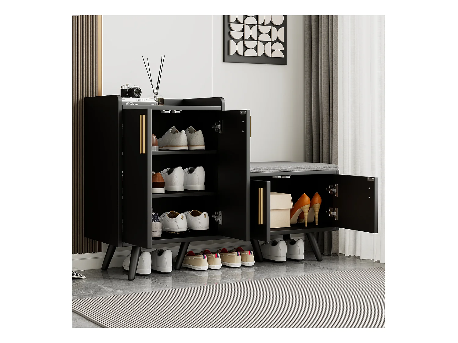 Meuble à chaussures moderne, bois de noyer foncé, avec 4 portes de rangement, poignées métalliques asymétriques, (120x34x82 cm)