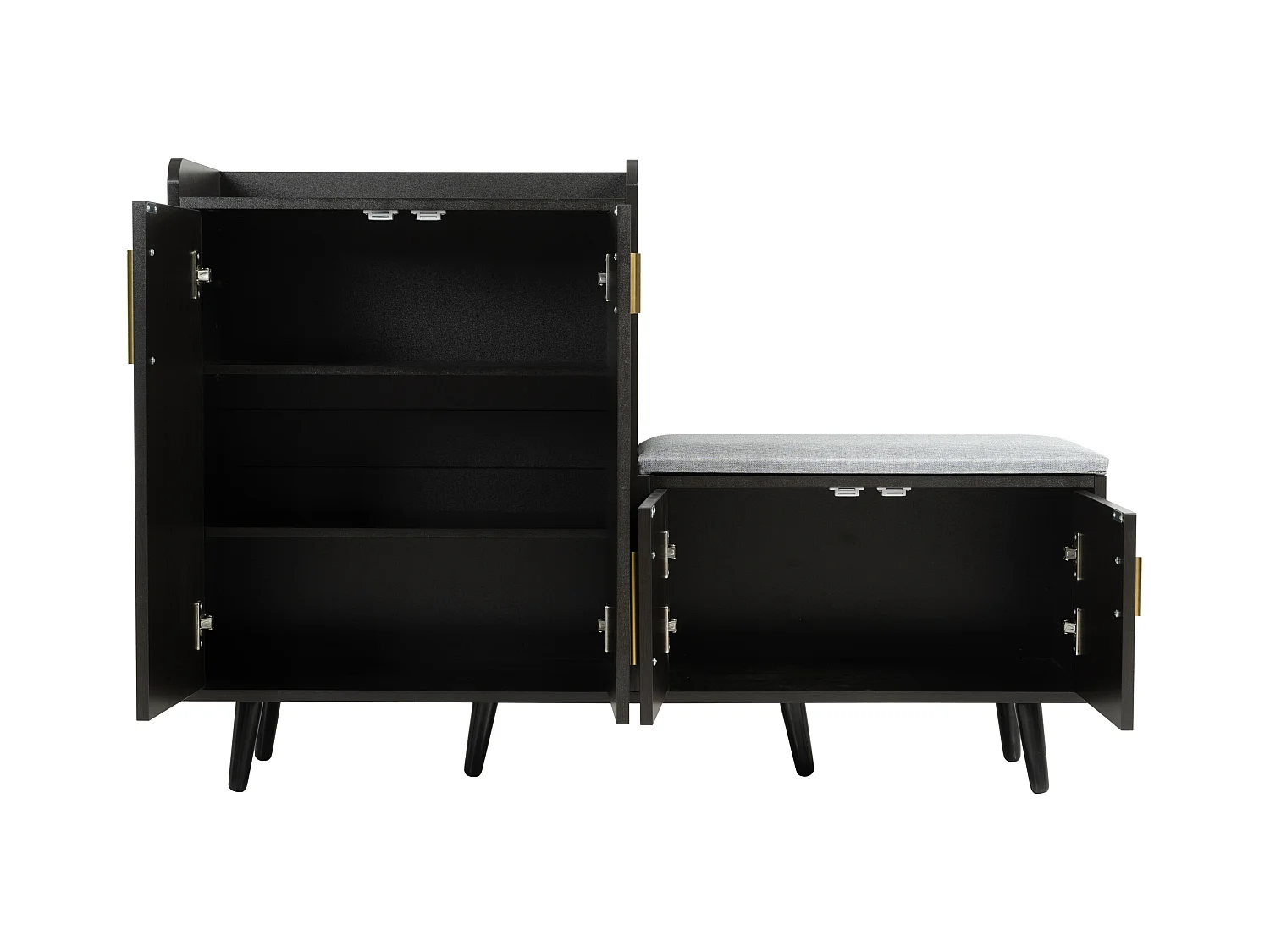 Meuble à chaussures moderne, bois de noyer foncé, avec 4 portes de rangement, poignées métalliques asymétriques, (120x34x82 cm)