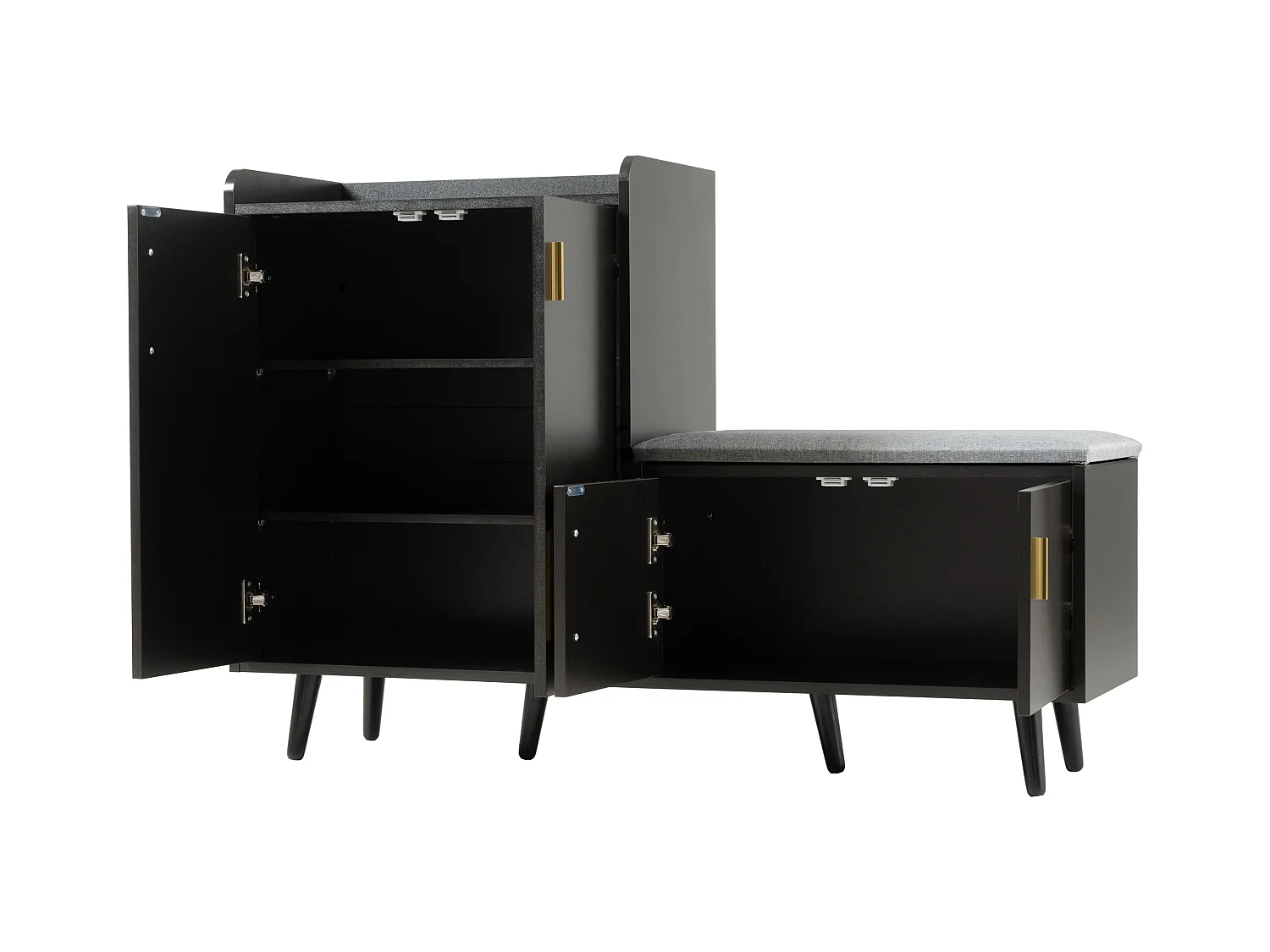 Meuble à chaussures moderne, bois de noyer foncé, avec 4 portes de rangement, poignées métalliques asymétriques, (120x34x82 cm)